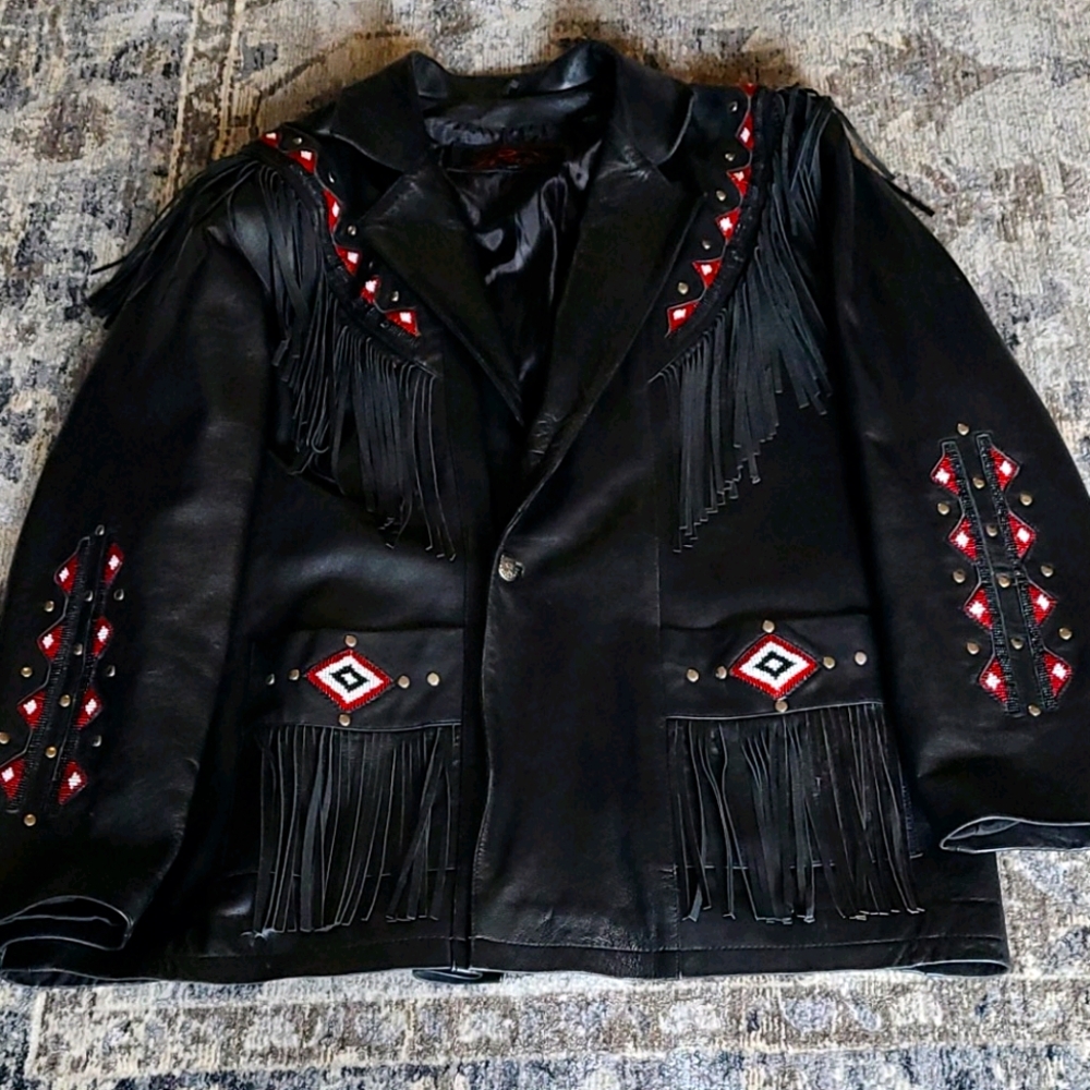 Leather Fringed Jacket With Beaded Accents